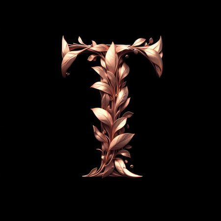 Metal letter T with gold leaves on black background. 3d renderingの素材