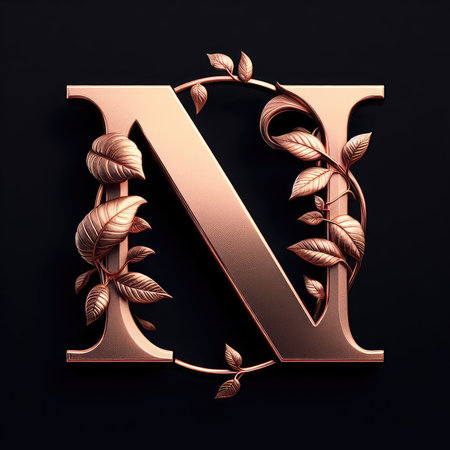 Golden letter with leaves. 3d illustration, 3d rendering.の素材