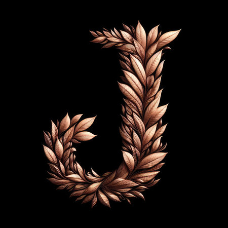 letter j with leaf pattern isolated on black background. 3d renderingの素材