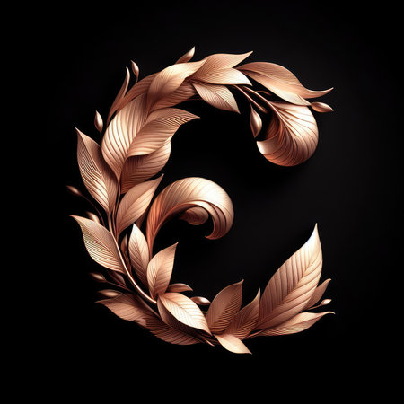 Gold letter C with leaves on black background. 3D rendering.の素材