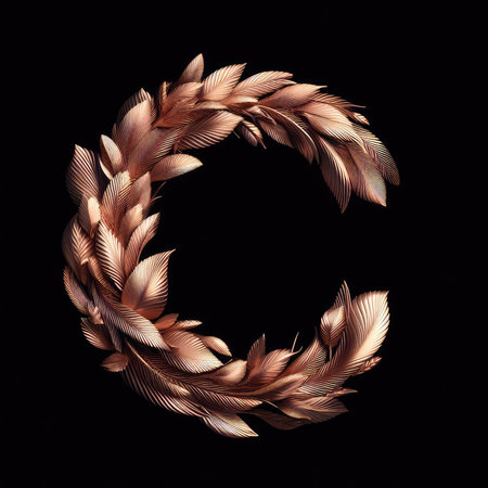 Letter C made of golden feathers on black background. 3d renderingの素材