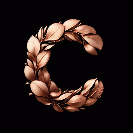 Alphabet letter C with golden leaves. 3D render isolated on black background.の素材