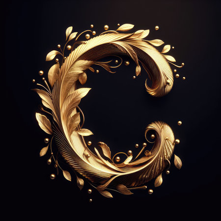Gold letter C with floral ornament. 3D render, 3d illustration.の素材