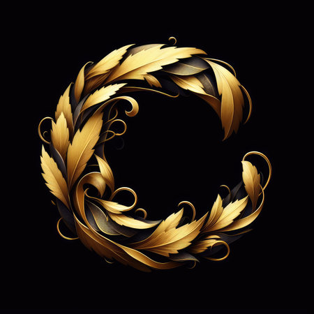 Illustration of gold and black laurel wreath on black backgroundの素材