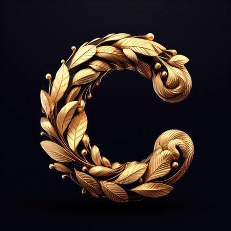 Golden letter C with laurel wreath on black background. 3D renderingの素材