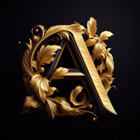 Golden letter A with floral ornament on black background. 3D renderingの素材