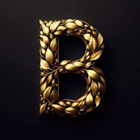 Golden letter B made of laurel wreath. 3D renderの素材