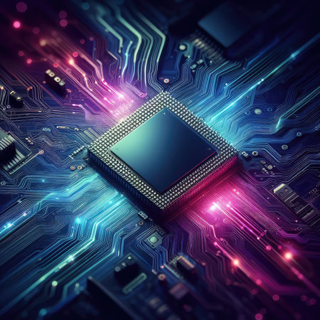 Close up of electronic circuit board. Technology and innovation concept. 3D Renderingの素材