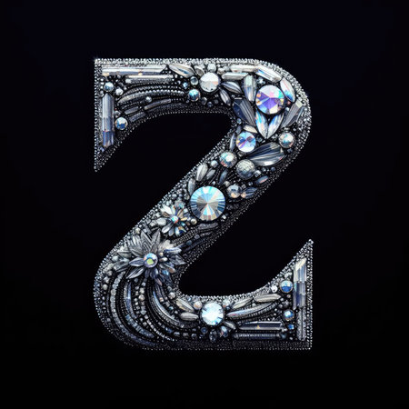 Letter Z made of diamonds and precious stones on a black background.の素材