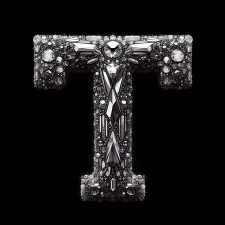Jewelry alphabet symbol - T made of diamonds on black backgroundの素材