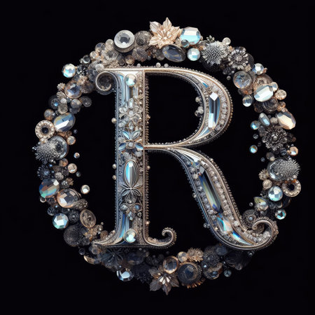 Jewelry alphabet. Letter R made of precious stones on a black background.の素材