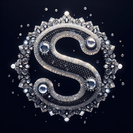 Silver letter S with diamonds on a black background. 3d illustrationの素材