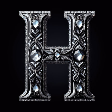 H silver letter with diamonds isolated on black background. 3d renderingの素材