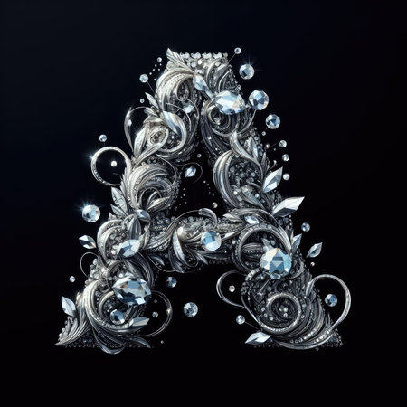 Diamond letter A on a black background. 3d rendering, 3d illustration.の素材