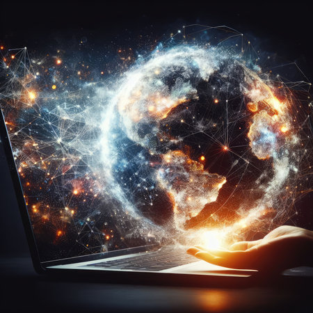 Hand of businesswoman using laptop and global connection concept. Mixed mediaの素材