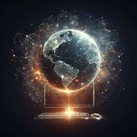Laptop with glowing planet earth on dark background. 3D Renderingの素材