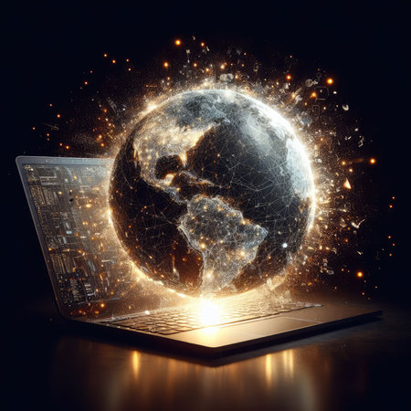 Laptop with glowing earth globe on black background. 3D renderingの素材