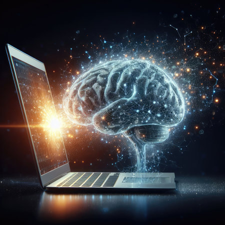 Laptop and human brain on dark background. Artificial intelligence concept. 3D Renderingの素材
