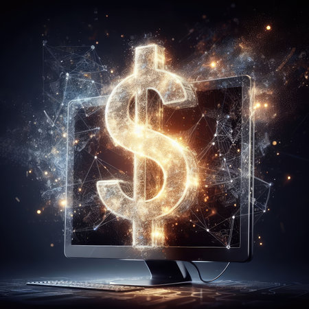 Computer screen with dollar sign on dark background. 3D Renderingの素材