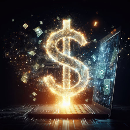Dollar sign coming out of laptop screen. Internet and money conceptの素材