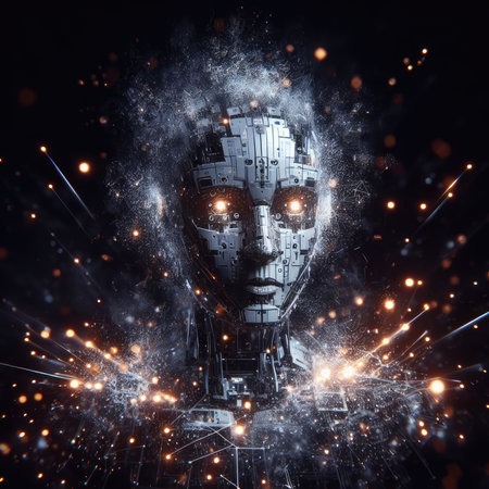 3D rendering of a futuristic robot on a dark background with sparksの素材