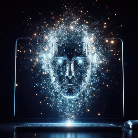 Cyborg head hologram on laptop screen. Artificial intelligence concept. 3D Renderingの素材