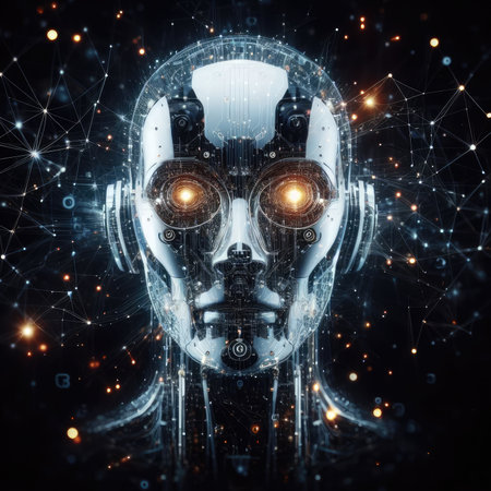 3D rendering humanoid robot head with glowing lines on dark space backgroundの素材