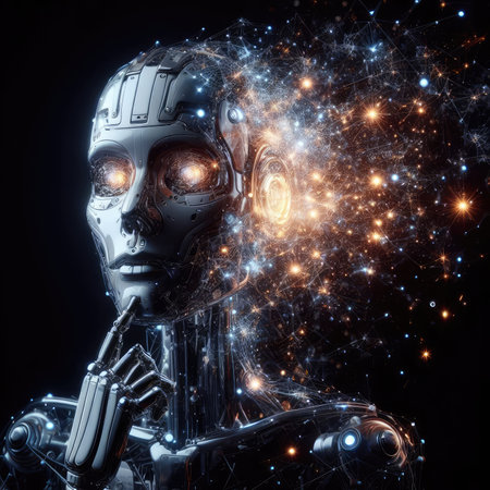 3d rendering humanoid robot with glowing lights on black background, future technology conceptの素材