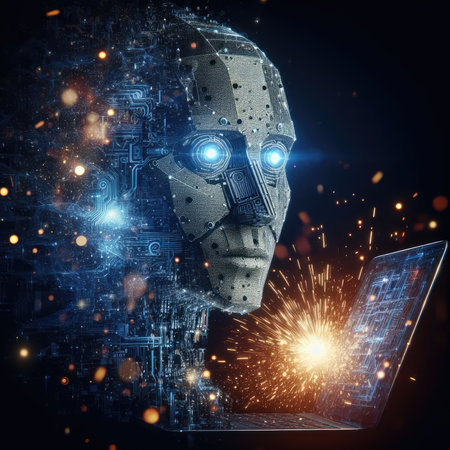3d rendering artificial intelligence robot working with laptop on dark blue backgroundの素材