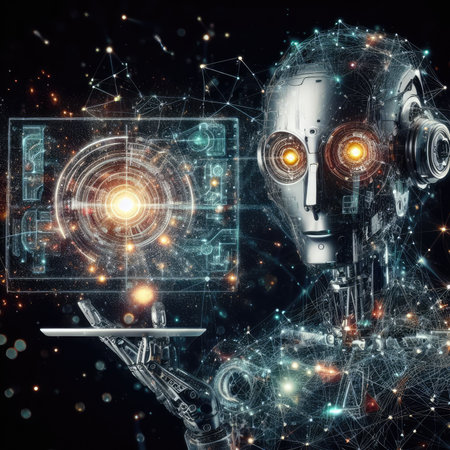 Robot with tablet pc on abstract space background. 3D renderingの素材