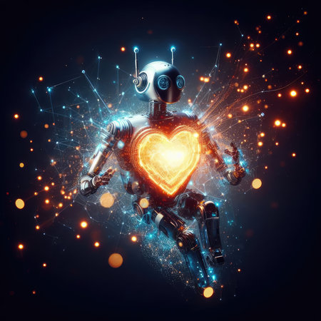 Cyborg with glowing heart on dark background. Artificial intelligence concept. 3D renderingの素材
