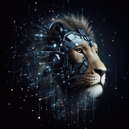 Futuristic portrait of a male lion with glowing lights on a black backgroundの素材