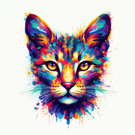 Colorful portrait of a cat with splashes of paint. Vector illustration.の素材