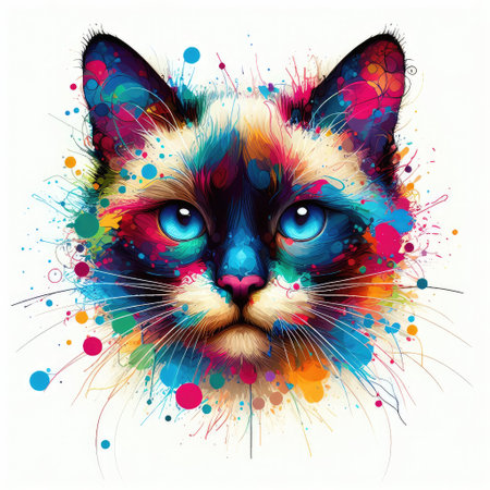 Portrait of a Siamese cat with colorful splashes.の素材