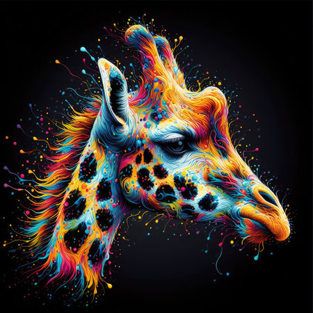 Giraffe head with colorful paint splashes on black background.の素材