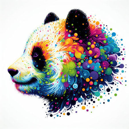 Vector illustration of a panda head with colorful paint splashes.の素材