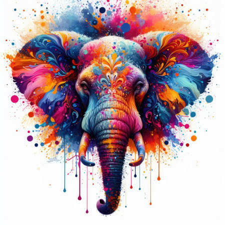 Colorful abstract background with elephant head and colorful paint splashes.の素材
