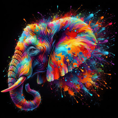 Elephant head with colorful splashes on black background. Vector illustration.の素材