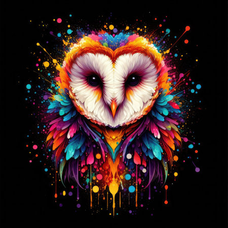 Colorful owl with colorful paint splashes on black background. Vector illustration.の素材