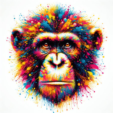 Portrait of a monkey with colorful paint splashes on white backgroundの素材