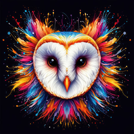 Owl head with colorful paint splashes on black background. Vector illustration.の素材
