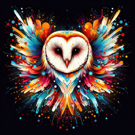 Owl with colorful splashes on black background. Vector illustration.の素材