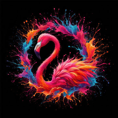 Flamingo bird made of colorful splashes isolated on black backgroundの素材