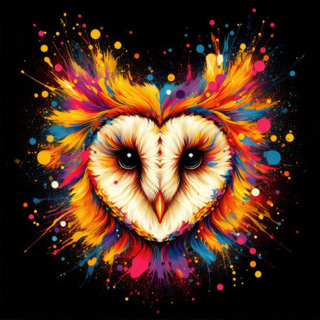 Owl head with colorful paint splashes on black background. Vector illustration.の素材