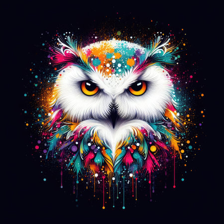 Owl with colorful feathers on a black background. Vector illustration.の素材