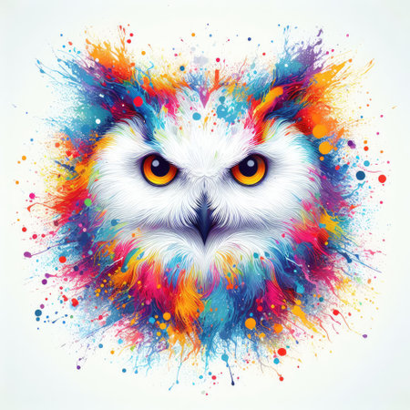 Owl with colorful paint splashes on white background. Vector illustration.の素材