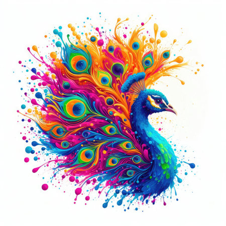 Peacock with colorful feathers and splashes. Vector illustration.の素材