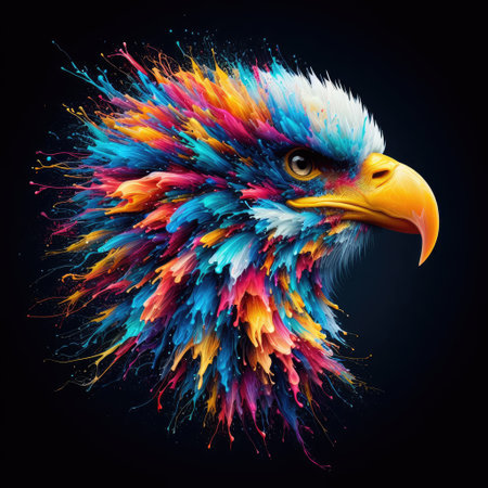 Eagle head with colorful paint splashes isolated on black background.の素材