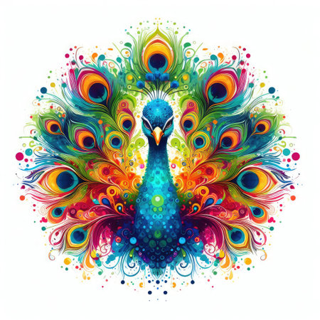 Colorful peacock with colorful feathers on white background. Vector illustration.の素材
