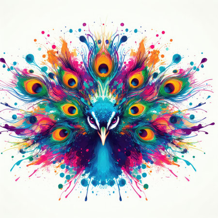 Colorful peacock head with feathers and splashes on white backgroundの素材
